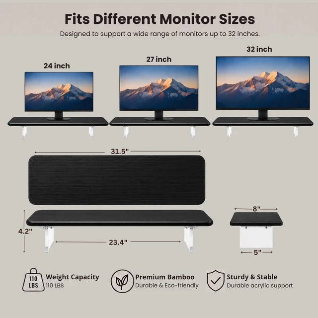 Alt view image 2 of 5 - Bamboo Monitor Riser, Wide Desktop Monitor Stand for Desk with Clear Acrylic Legs, 31.5 x 8 inch Bamboo Wood Shelf, Fit Keyboard, Home Office Workspace Accessories,Study Stationaries Storage (Black)