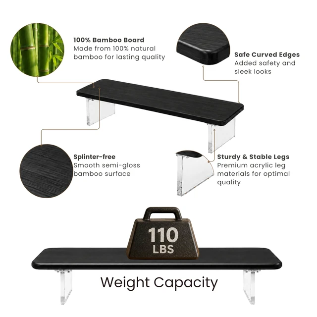 Alt view image 4 of 5 - Bamboo Monitor Riser, Wide Desktop Monitor Stand for Desk with Clear Acrylic Legs, 31.5 x 8 inch Bamboo Wood Shelf, Fit Keyboard, Home Office Workspace Accessories,Study Stationaries Storage (Black)