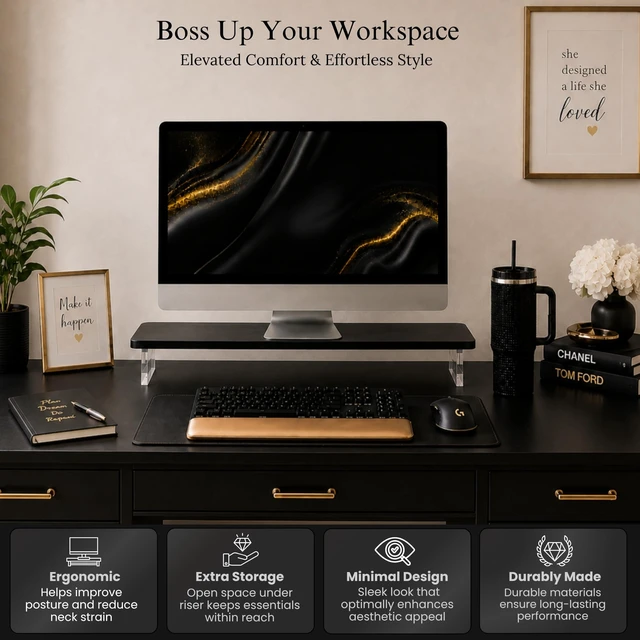 Alt view image 5 of 5 - Bamboo Monitor Riser, Wide Desktop Monitor Stand for Desk with Clear Acrylic Legs, 31.5 x 8 inch Bamboo Wood Shelf, Fit Keyboard, Home Office Workspace Accessories,Study Stationaries Storage (Black)