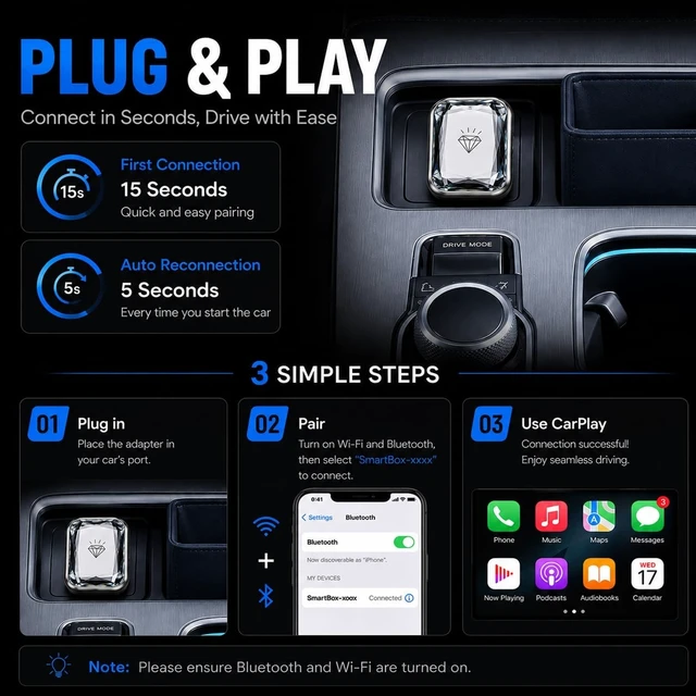 Alt view image 3 of 5 - Inducify Wireless CarPlay Adapter for Factory Wired CarPlay Cars, Wireless Android Auto Adapter, Plug and Play, Fast Auto Reconnect, Bluetooth 5.0, 5GHz WiFi