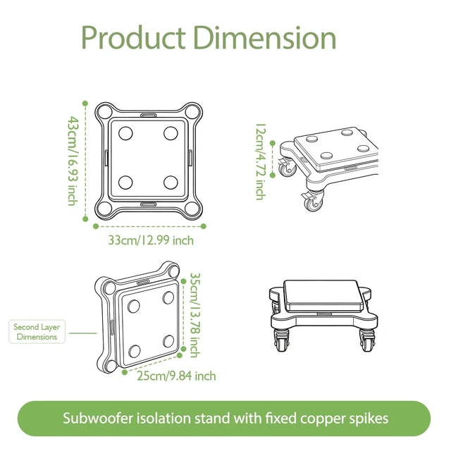 Alt view image 4 of 5 - Compact low-profile subwoofer isolation stand with adjustable spikes, rubber feet, 2-level speaker platform, stabilizer base, and wheels for studio monitors and floor speakers.(Black#2,25x35cm)