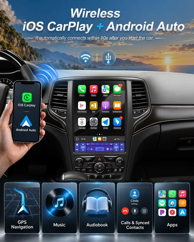 Alt view image 3 of 5 - 12.1" Car Radio Stereo Upgrade for Grand Cherokee 2014-2022,Wireless CarPlay Android Auto,Android 13 Head Unit with WiFi SWC GPS 1080P Backup Camera 4+64GB