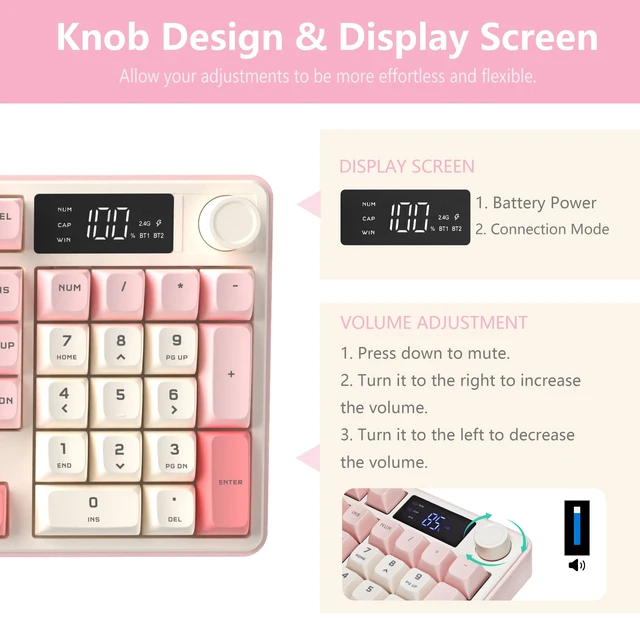 Alt view image 4 of 5 - KimHong Wireless Keyboard, Quiet Keyboard for Work, Creamy Keyboard with Number Pad, RGB Gaming Keyboard, Tri-Mode BT5.0/2.4GHz/USB-C, 98 Keys, for PC, Mac, Gaming Console