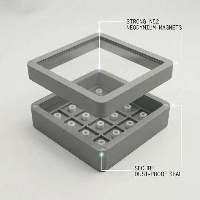 Alt view image 3 of 5 - Jyvoxia 16-Slot Artisan Keycap Display Case, Cement Gray 3D Printed Keycap Storage Box with Magnetic Lid, Dust-Proof Acrylic Cover, Minimalist Desk Setup Organizer for Mechanical Keyboard Enthusiasts