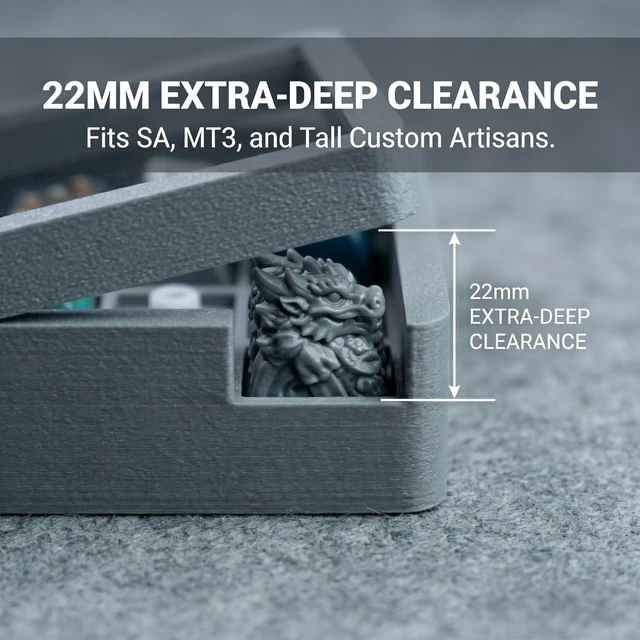 Alt view image 2 of 5 - Jyvoxia 16-Slot Artisan Keycap Display Case, Cement Gray 3D Printed Keycap Storage Box with Magnetic Lid, Dust-Proof Acrylic Cover, Minimalist Desk Setup Organizer for Mechanical Keyboard Enthusiasts