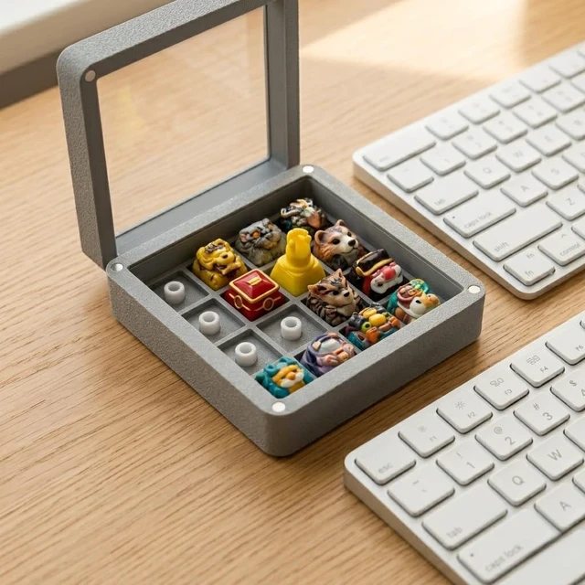 Alt view image 5 of 5 - Jyvoxia 16-Slot Artisan Keycap Display Case, Cement Gray 3D Printed Keycap Storage Box with Magnetic Lid, Dust-Proof Acrylic Cover, Minimalist Desk Setup Organizer for Mechanical Keyboard Enthusiasts