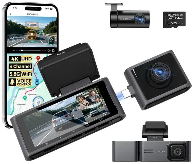Main image of LNDU V670 3 Channel Dash Cam 4K Front + 1080P Cabin IR Night Vision + 2.5K Rear, Built-in GPS 5G WiFi App&Voice Control, 24H Parking Mode, Super Capacitor, G-Sensor Loop Recording Camera for Cars