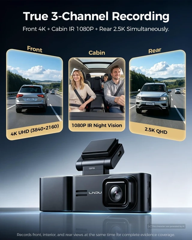 Alt view image 3 of 5 - LNDU V670 3 Channel Dash Cam 4K Front + 1080P Cabin IR Night Vision + 2.5K Rear, Built-in GPS 5G WiFi App&Voice Control, 24H Parking Mode, Super Capacitor, G-Sensor Loop Recording Camera for Cars