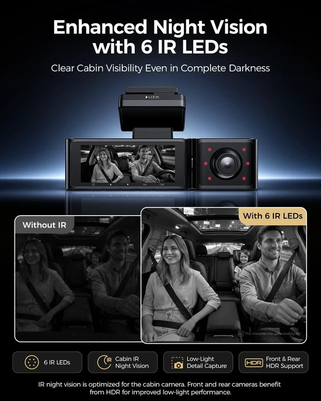 Alt view image 5 of 5 - LNDU V670 3 Channel Dash Cam 4K Front + 1080P Cabin IR Night Vision + 2.5K Rear, Built-in GPS 5G WiFi App&Voice Control, 24H Parking Mode, Super Capacitor, G-Sensor Loop Recording Camera for Cars