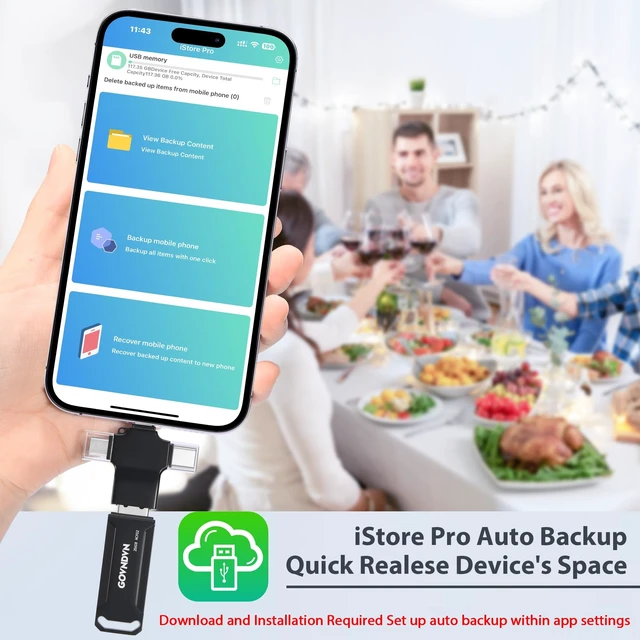 Alt view image 2 of 5 - Auto Backup All Devices Photo Stick 128GB Real Capacity, iPhone USB Flash Drive & Backup Storage Memory Stick for Photos, Videos & Contacts, 4-in-1 Thumb Drive for iPhone, iPad, Android, PC, Tablets