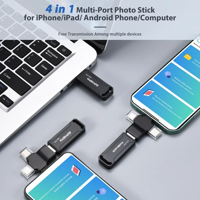 Alt view image 4 of 5 - Auto Backup All Devices Photo Stick 128GB Real Capacity, iPhone USB Flash Drive & Backup Storage Memory Stick for Photos, Videos & Contacts, 4-in-1 Thumb Drive for iPhone, iPad, Android, PC, Tablets