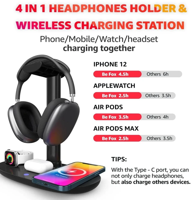 Alt view image 2 of 5 - Wireless Charger Headphone Stand for AirPods Max, iPhone, Watch
