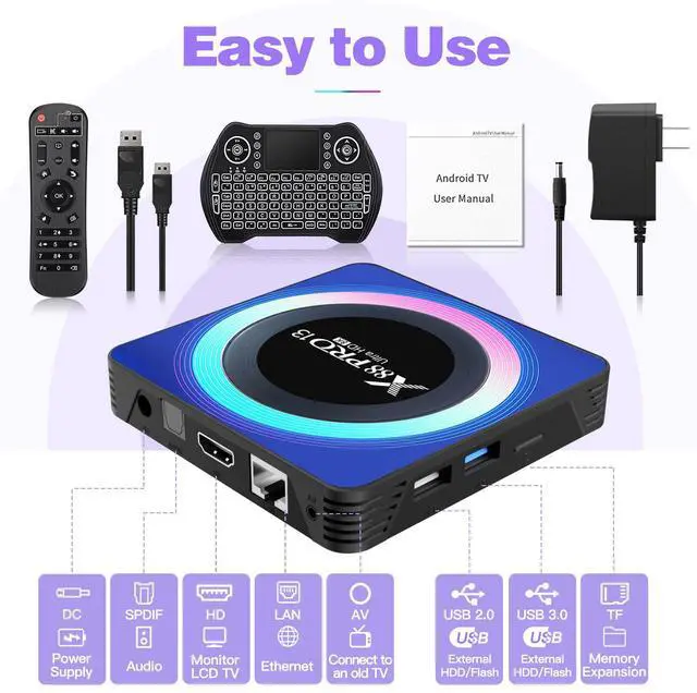 Alt view image 7 of 7 - Android 13.0 TV Box 2025, X88PRO 13 Android 13.0 TV Box 6K 8K Wi-Fi 6 4GB RAM 64GB ROM, Smart Box RK3528 Quad-Core 2.4G/5G Wi-Fi Bluetooth 5.0 USB 3.0 with Mini Wireless Keyboard