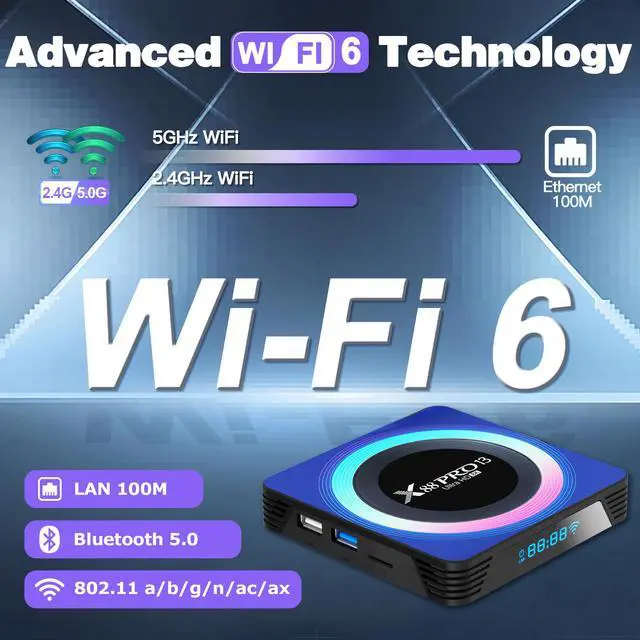 Alt view image 4 of 7 - Android 13.0 TV Box 2025, X88PRO 13 Android 13.0 TV Box 6K 8K Wi-Fi 6 4GB RAM 64GB ROM, Smart Box RK3528 Quad-Core 2.4G/5G Wi-Fi Bluetooth 5.0 USB 3.0 with Mini Wireless Keyboard