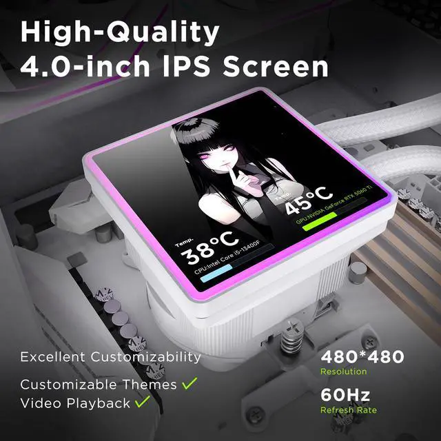 Alt view image 2 of 7 - Jungle Leopard ProFlow SE 360mm ARGB Black AIO CPU Cooler-Water Liquid Cooling System|4-Inch LCD Screen|320W TDP|ARGB 1850RPM PWM Cooler Fans|for Intel LGA1851/1700/1200/115X AMD AM4/AM5(White)