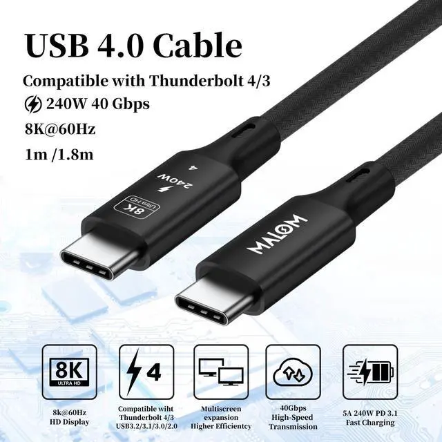 Main image of MALOM USB C to C 4.0, 40Gbps for Thunderbolt 4 Cable, 240W Fast Charging, 8K@60Hz, 4K@144Hz, USB C Display Cable, USB4 for iPhone 16/15 Series, MacBook Air, Samsung