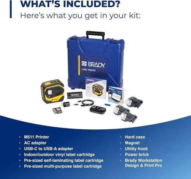 Alt view image 2 of 6 - Brady M511 Portable Wireless Industrial Label Printer, Bluetooth Compatible, Comes with a Hard Case, Power Brick, 3 Label Cartridges, Magnet, Utility Hook and Brady Workstation Product/Wire Suite