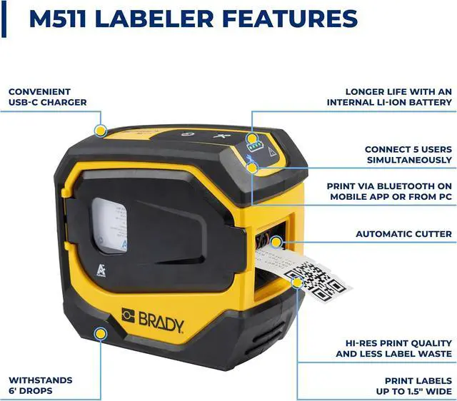 Alt view image 3 of 6 - Brady M511 Portable Wireless Industrial Label Printer, Bluetooth Compatible, Comes with a Hard Case, Power Brick, 3 Label Cartridges, Magnet, Utility Hook and Brady Workstation Product/Wire Suite