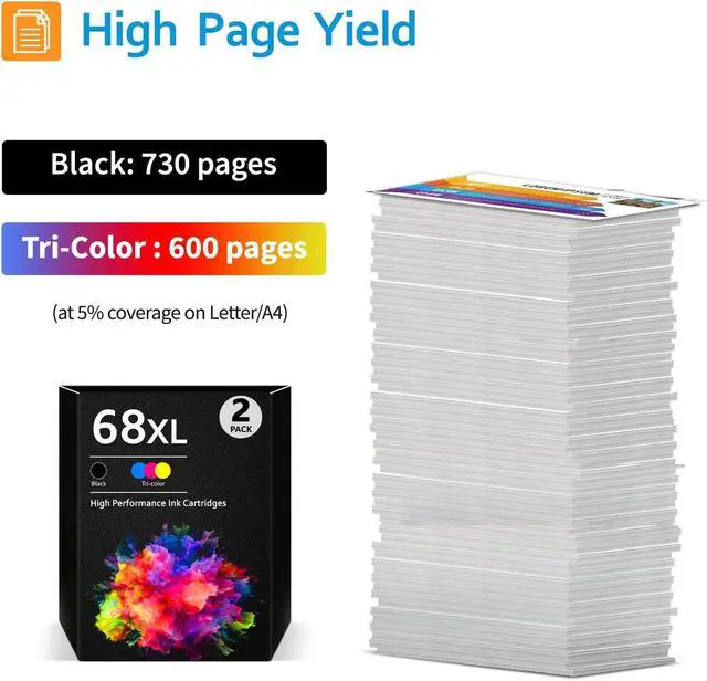 Alt view image 3 of 7 - 68XL 68 Ink Cartridges for Envy 6555e Envy 6155e,Black&Tri-Color 2-Pack, Remanufactured HP68 HP68XL, Works for Envy 6100e 6155e 6152e Envy 6500e 6555e 6552e 6558e,replacement for HP68 HP68XL 2-Pack