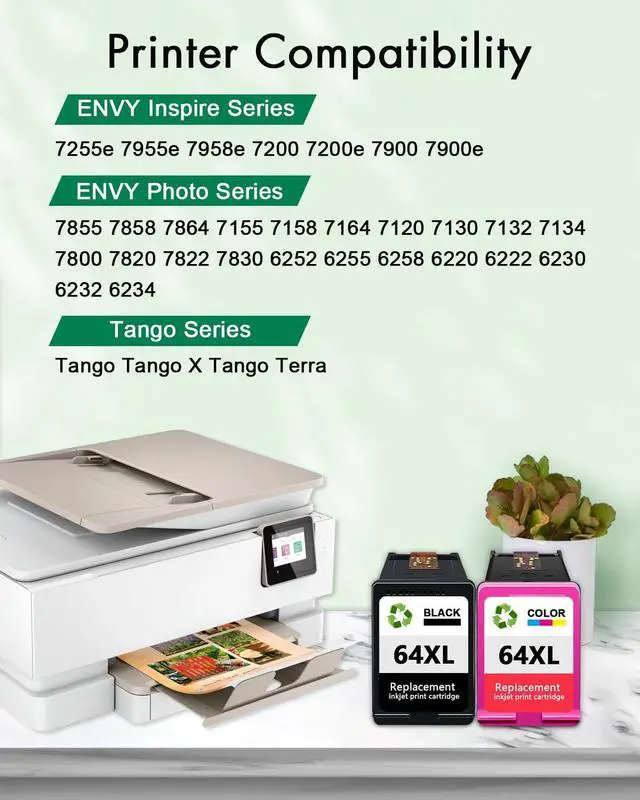 Alt view image 2 of 6 - 64XL Ink Cartridges Black Color Combo Pack Replacement for HP 64 64XL Ink High Yield for Envy Inspire 7900e 7200e 7255e 7955e Envy Photo 7155 7858 7855 6255 6258 Tango Series Printer (2-Pack)