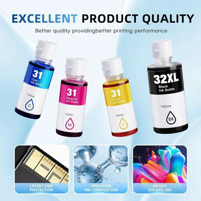 Alt view image 6 of 7 - 31 32XL Ink Bottle Set High Yield Ink Refills Replacement for HP 31 32XL Ink Bottles Set Compatible with HP Smart Tank Ink 5101 7602 6001 5000 7001 5102 5103 7301 ( Black Cyan Magenta Yellow 5 Pack)