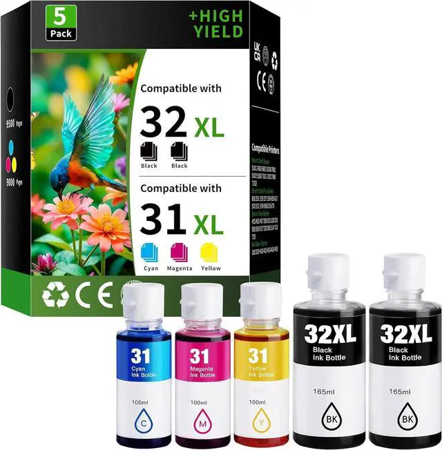 Main image of 31 32XL Ink Bottle Set High Yield Ink Refills Replacement for HP 31 32XL Ink Bottles Set Compatible with HP Smart Tank Ink 5101 7602 6001 5000 7001 5102 5103 7301 ( Black Cyan Magenta Yellow 5 Pack)