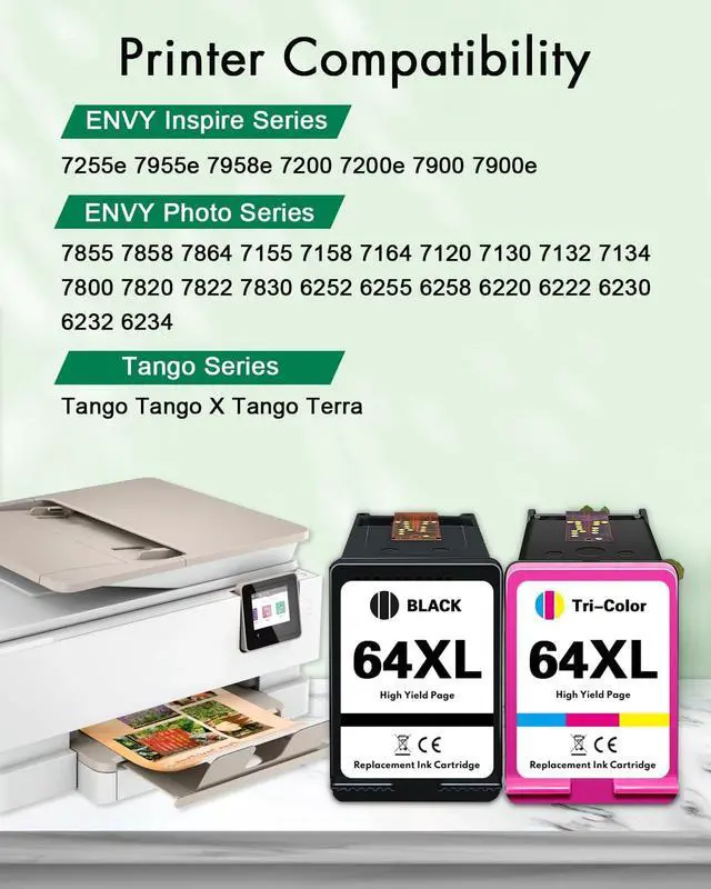 Alt view image 2 of 7 - 64XL Ink Cartridges High Yield Black Color Combo Pack Replacement for HP Ink 64 64XL for Envy Inspire 7200e 7255e 7955e Photo 7855 7858 7800 7155 6255 Tango Printer (1 Black,1 Color)