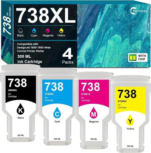 Main image of 738 738XL Ink Cartridges 4-Pack with Chip Replacement for HP 738 498N8A 676M6A 676M7A 676M8A DesignJet Ink Cartridge - 300ML for DesignJet T850 T950 Wide Format Printer Plotters (4-Pack, BK/C/M/Y)