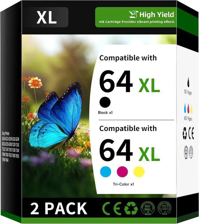 Main image of 64XL Ink Cartridge Combo Pack Compatible Replacement for HP64XL HP64 64 XL Works with Envy Photo 6220 6222 6230 6232 6234 6252 6255 (2 Pack, Black Tri-Color)