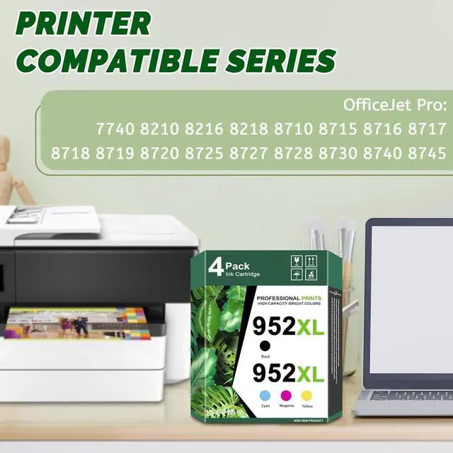 Alt view image 2 of 6 - 952XL High-Yield Ink Cartridges (4-Pack, Black/Cyan/Magenta/Yellow) - Compatible Ink Replacement for HP OfficeJet Pro 7740 8210 8216 8218 8710 8715 8716 8717 8719 8720 8725 Printer