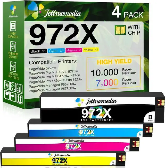 Main image of 972X Ink Cartridges Compatible Replacement for HP 972 972A 972X, High Yield Use for HP PageWide Pro 477dw 477dn 577dw 452dw 452dn 577z 552dw 552dn P55250dw Printer(4 Pack, BK/C/M/Y)