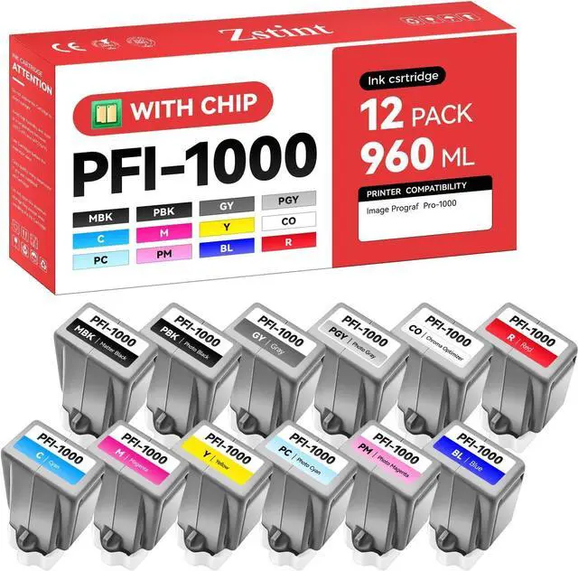 Main image of PFI-1000 Ink Tank set 12-Pack 80ml High Capacity with Chip Replacement for Canon PFI-1000 PFI1000 Ink Cartridges Compatible for Canon ImagePROGRAF PRO-1000 Printer Photographic Inkjet Color Twelve Ink
