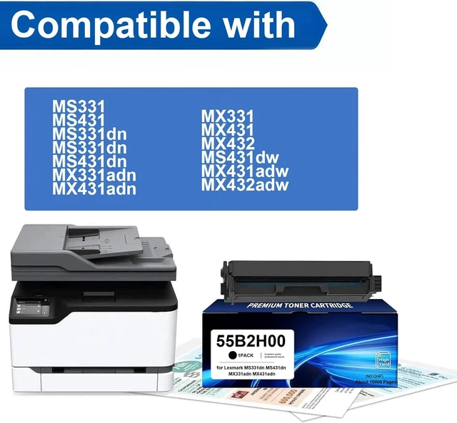 Alt view image 2 of 7 - 55B2H00 Compatible Toner Cartridge Replacement for Lexmark 55B1000 for MS331 MS331dn MS431 MS431dn MS431dw MX331 MX331adn MX431 MX431adn MX431adw MX432 MX432adw Printer,15000 Pages (Black)