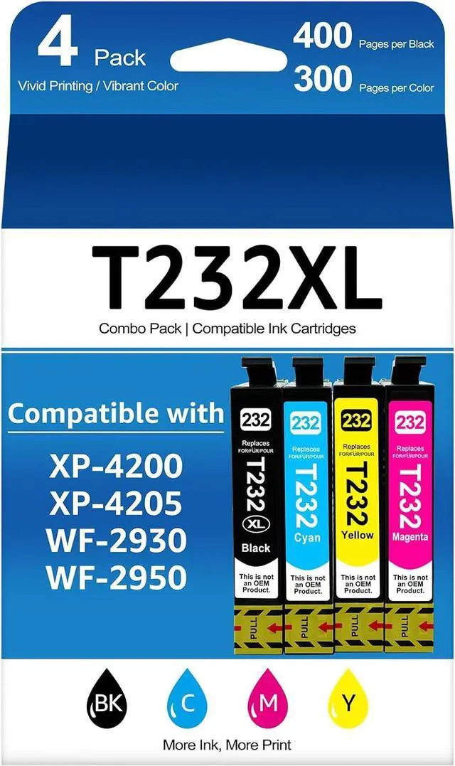 Main image of 232 XL Ink Cartridges Combo Pack Replacement for T232 XL High Yield Ink Cartrdge Compatible with XP-4200 XP-4205 WF-2930 WF-2950 Printers (Black/Cyan/Magenta/Yellow 4 Pack)