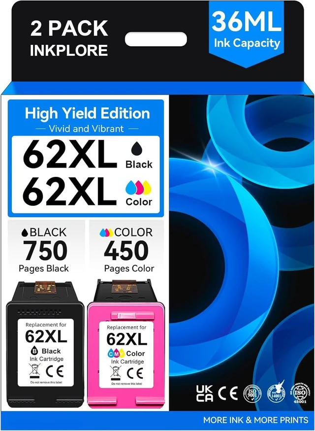 Main image of 62XL Ink Cartridge Combo Pack Compatible for HP Ink 62 Black and Color Compatible for Envy 7640 7645 5660 5540 5640 5642 5665 OfficeJet 8040 5740 5746 250 200 5745 Inkjet Printer, Print, Scan, Copy