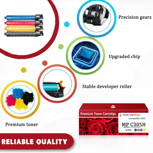 Alt view image 4 of 7 - MPC305 Toner Cartridge Compatible for Ricoh MP C305 841621 841591 841592 841593 Toner Cartridges Work for Ricoh MPC305SP C305SPF Printers