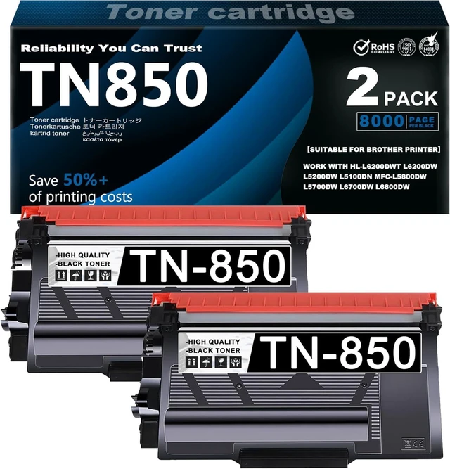 Main image of TN850 Toner Cartridges - Replacement for Brother TN 850 TN850 Work with HL-L6200DWT L6200DW L5200DW L5100DN MFC-L5800DW L5700DW L6700DW L6800DW Printers (with Chip Black 2 Pack)
