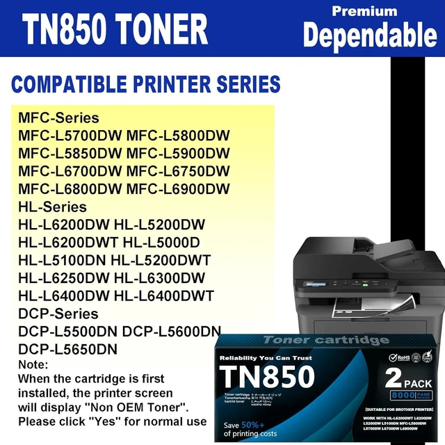 Alt view image 3 of 6 - TN850 Toner Cartridges - Replacement for Brother TN 850 TN850 Work with HL-L6200DWT L6200DW L5200DW L5100DN MFC-L5800DW L5700DW L6700DW L6800DW Printers (with Chip Black 2 Pack)