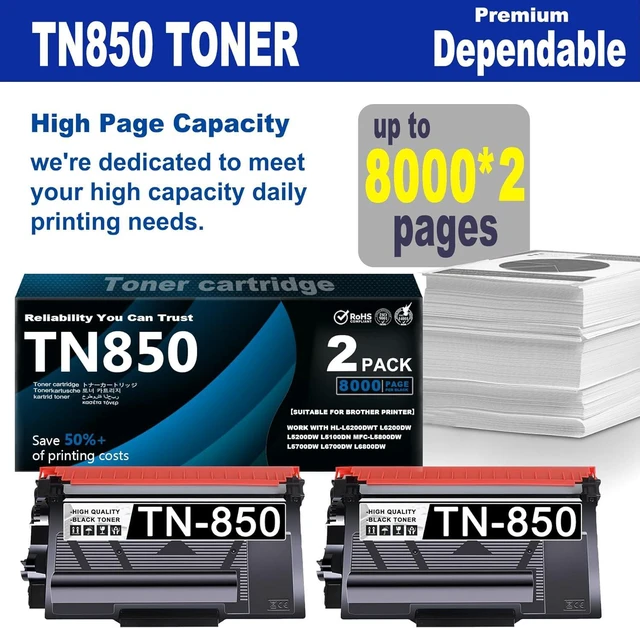 Alt view image 2 of 6 - TN850 Toner Cartridges - Replacement for Brother TN 850 TN850 Work with HL-L6200DWT L6200DW L5200DW L5100DN MFC-L5800DW L5700DW L6700DW L6800DW Printers (with Chip Black 2 Pack)