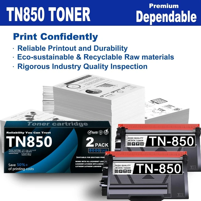 Alt view image 4 of 6 - TN850 Toner Cartridges - Replacement for Brother TN 850 TN850 Work with HL-L6200DWT L6200DW L5200DW L5100DN MFC-L5800DW L5700DW L6700DW L6800DW Printers (with Chip Black 2 Pack)