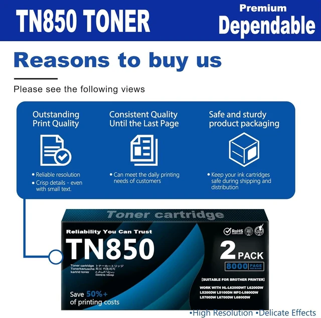 Alt view image 6 of 6 - TN850 Toner Cartridges - Replacement for Brother TN 850 TN850 Work with HL-L6200DWT L6200DW L5200DW L5100DN MFC-L5800DW L5700DW L6700DW L6800DW Printers (with Chip Black 2 Pack)