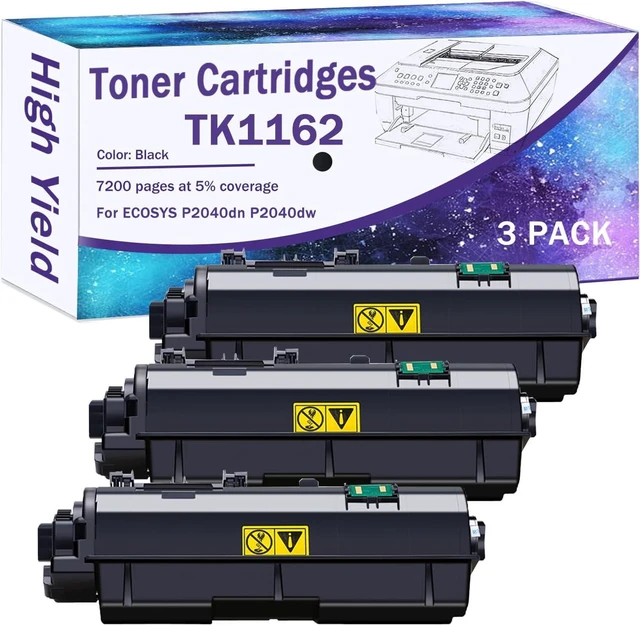 Main image of TK-1162 (TK1162) Compatible Black Toner Cartridges for Kyocera TK-1162 TK1162 TK-1162K for ECOSYS P2040dn P2040dw Printers, High Yeild Black 3 Pack