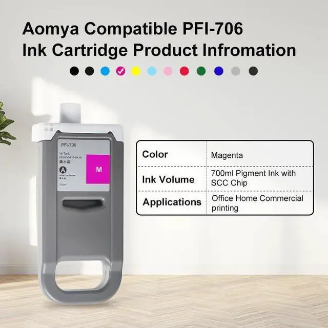 Alt view image 2 of 6 - Aomya PFI-706MG PFI-706 Ink Cartridge Pigment Ink Replacement for Canon imagePROGRAF iPF8300 iPF8400 iPF8300s iPF8400s iPF8400se iPF9400 iPF9400s Printers(700ML Magenta)