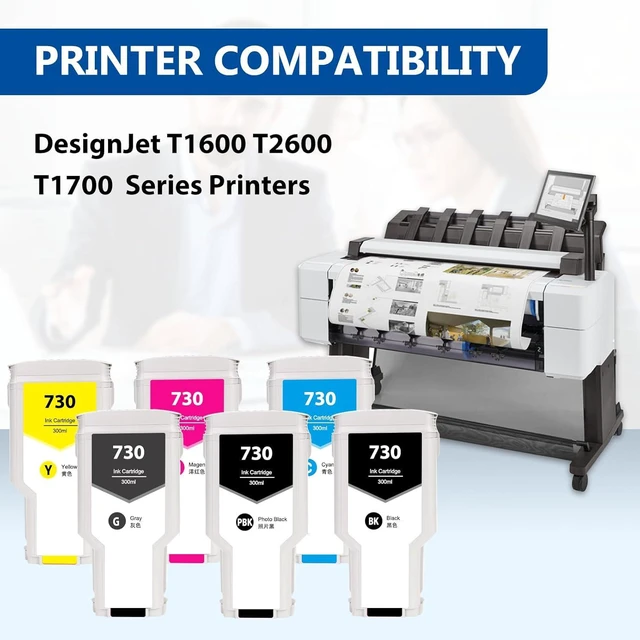 Alt view image 2 of 6 - 730 Ink Cartridges Replacement for HP 730 Ink Cartridge for DesignJet T1600 T1700 T2600 Printer Ink 6PK P2V68A P2V69A P2V70A P2V71A P2V72A P2V73A 300ml