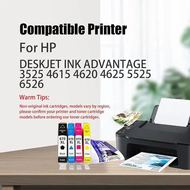 Alt view image 2 of 7 - 670XL Ink Cartridges Compatible for HP 670XL BK 670XLC 670XL M 670XL Y Ink Cartridge for HP DeskJet 3525 4615 4620 4625 5525 6526 Printer