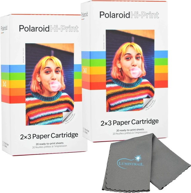 Main image of Polaroid Hi Print 2x3 Paper Cartridge, Peel and Stick, 2 Pack (40 Photos) with a Lumintrail Microfiber Cleaning Cloth