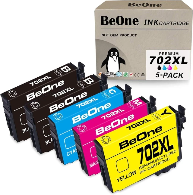 Main image of BeOne Remanufactured 702 Ink cartridges 702xl t702xl to use with Workforce pro wf-3720 wf-3730 wf-3733 Printer (2 Black 1 Cyan 1 Megenta 1 Yellow Combo Pack)