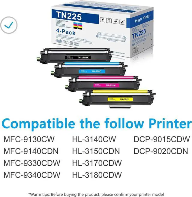 Alt view image 2 of 7 - 4-Pack(1BK+1C+1M+1Y) TN225 Toner Cartridge Replacement for Brother TN 225 TN-225 MFC-9130CW HL-3140CW HL-3170CDW HL-3180CDW MFC-9340CDW Printer