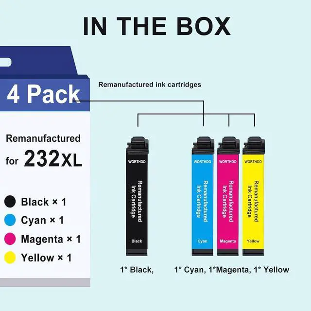 Alt view image 2 of 5 - 232XL Latest Upgrade Remanufactured Replacement for Epson 232 XL Ink Cartridges Combo Pack Work with Printer XP-4200 Ink WF-2930 WF-2950 XP-4205 (1 Black, 1 Cyan, 1 Magenta, 1 Yellow)