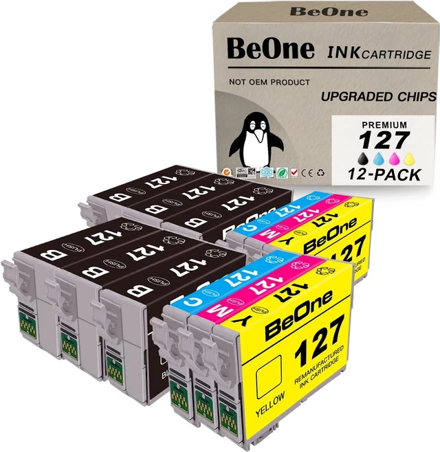 Main image of BeOne Remanufactured Ink Cartridges Replacement for T127 127 to use with Workforce 60 545 630 633 635 645 840 845 WF-3520 WF-3530 WF-3540 WF-7010 WF-7510 WF-7520 (12-Pack; 6BK, 2C, 2M, 2Y)